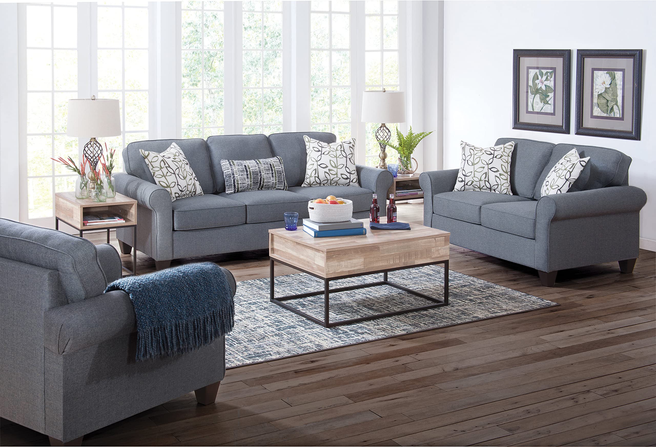 American Furniture Classics Model 8-020-A330V16 Classic Cottage Series Blue Fabric Loveseat With Rolled Arms And 2 Accent Pillows
